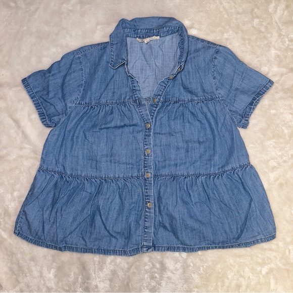 Madewell Denim Seamed Button Down Shirt Tiered Chambray Babydoll Ruffle Top Sz S - Picture 4 of 7
